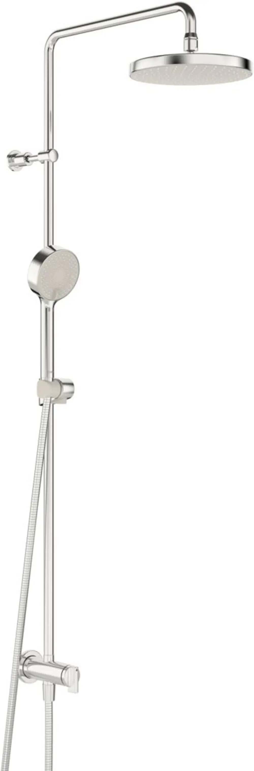 Brause-Set aus verchromtem Material mit großer Kopfbrause und Handbrause, montiert an einer senkrechten Stange, hergestellt von HANSA.